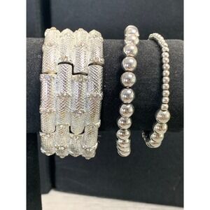 Silver Tone Rhinestone Textured Cuff and Ball Bead Stretch Bracelet Set 3 Piece